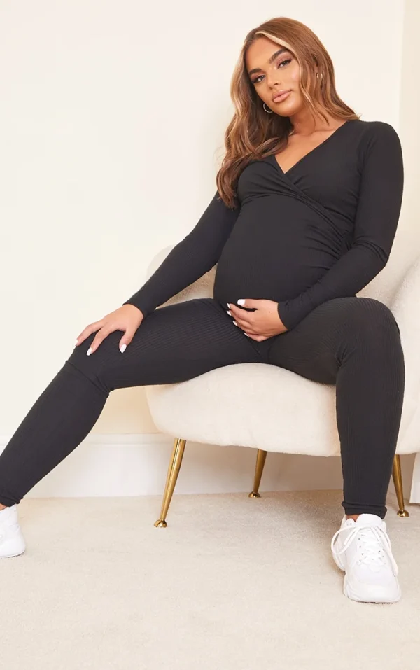Maternity Black Brushed Rib Leggings