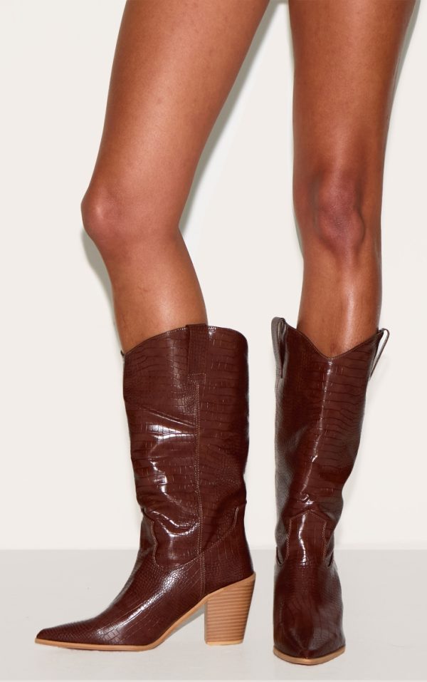 Brown PU Wide Fit Croc Point Toe Knee High Western Boots