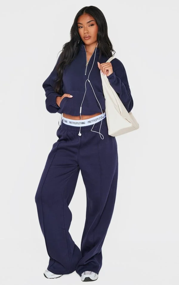 Blue Grey Seam Detail Wide Leg Sweatpants