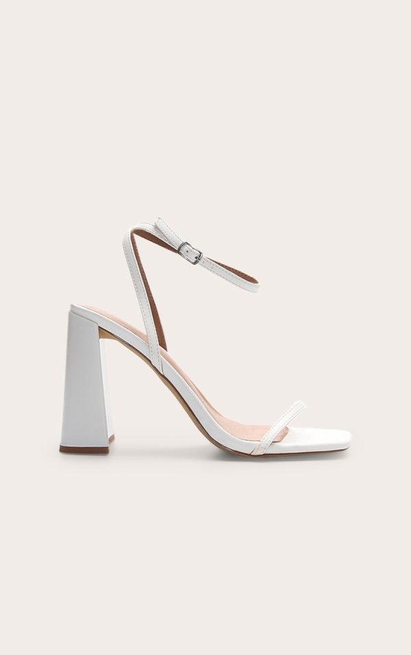White Square Toe High Block Heeled Sandals