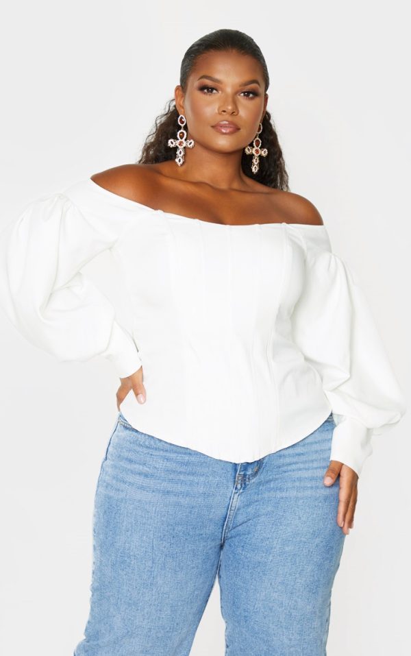 Plus White Bardot Balloon Sleeve Corset Top