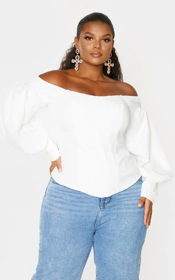 Plus White Bardot Balloon Sleeve Corset Top
