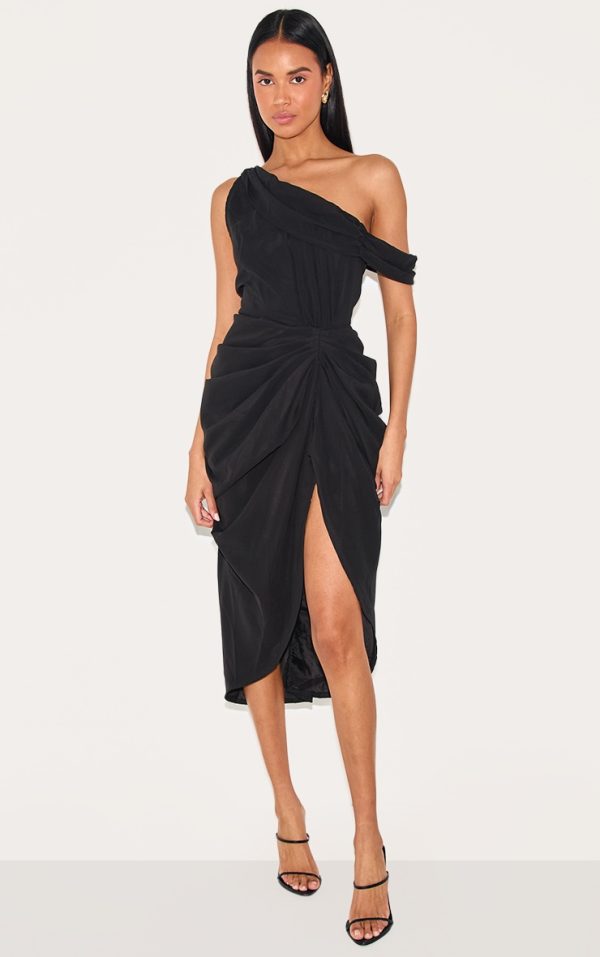 Black Chiffon Asymmetric Strap Draped Midi Dress