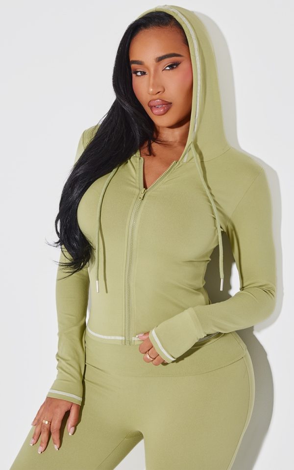Shape Sage Green Sculpted Contrast Stitch Zip Through Hoodie