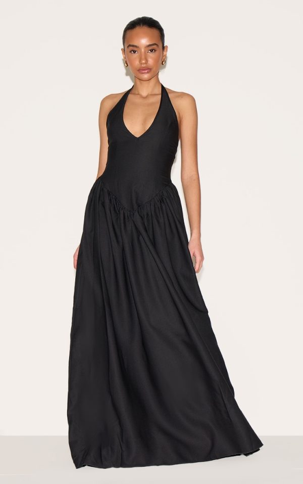 Petite Black Halter Neck Floaty Maxi Dress