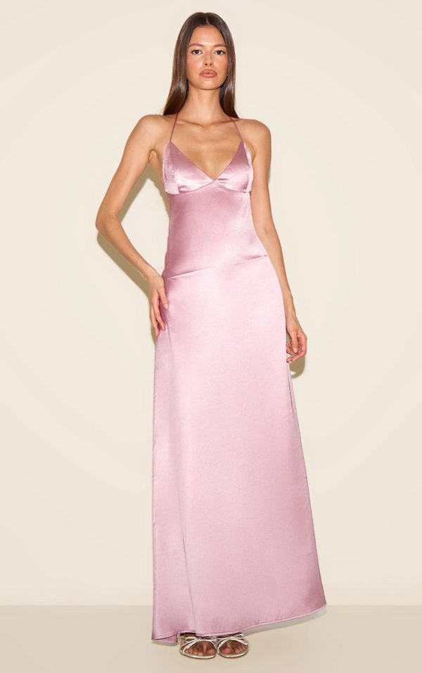 Pink Satin Low Back Maxi Slip Dress