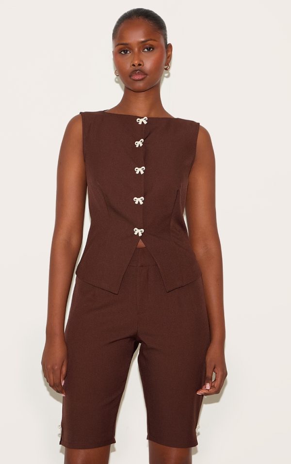 Chocolate Brown Contrast Velvet Mini Bow Detail Vest