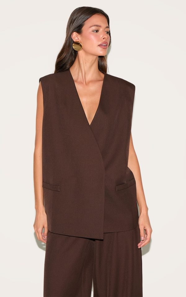 Chocolate  Woven Collarless Oversized Shoulder Pad Vest