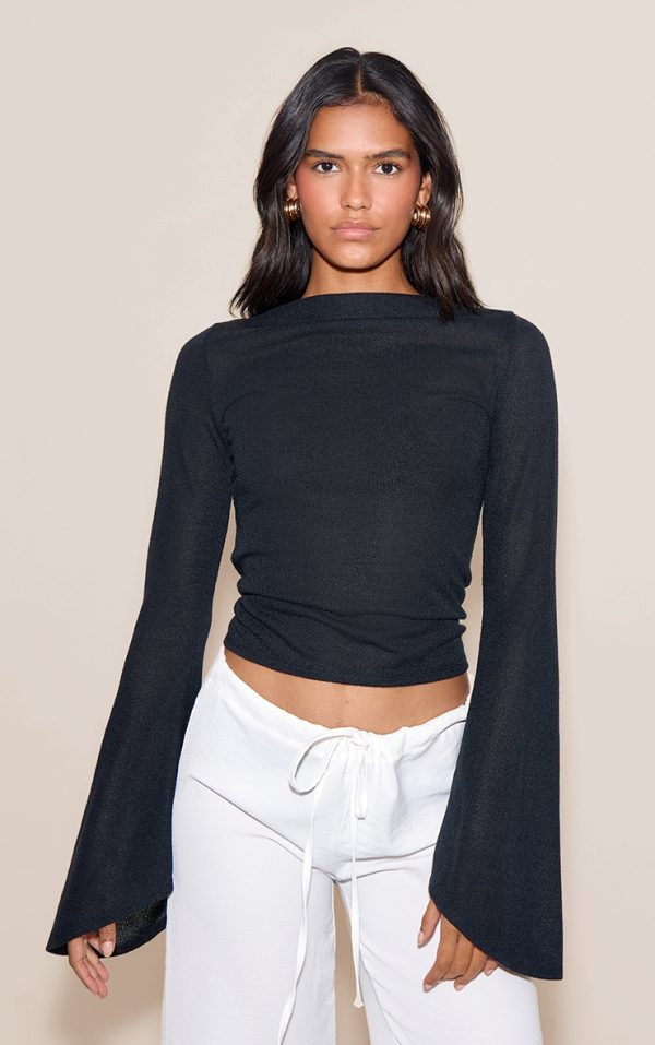 Black Textured Extreme Flute Sleeve Long Top