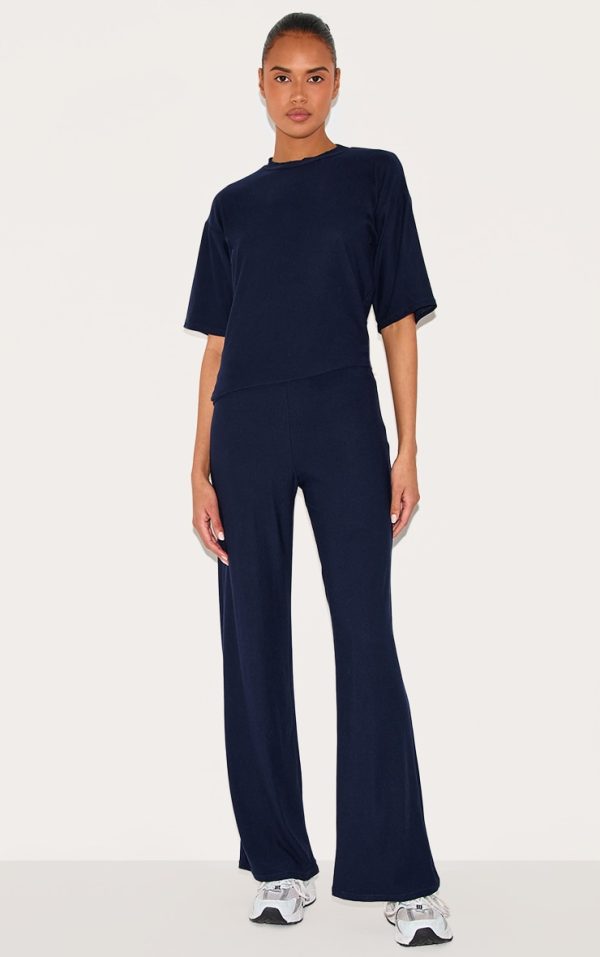 Navy Soft Touch Mid Rise Wide Leg Pants