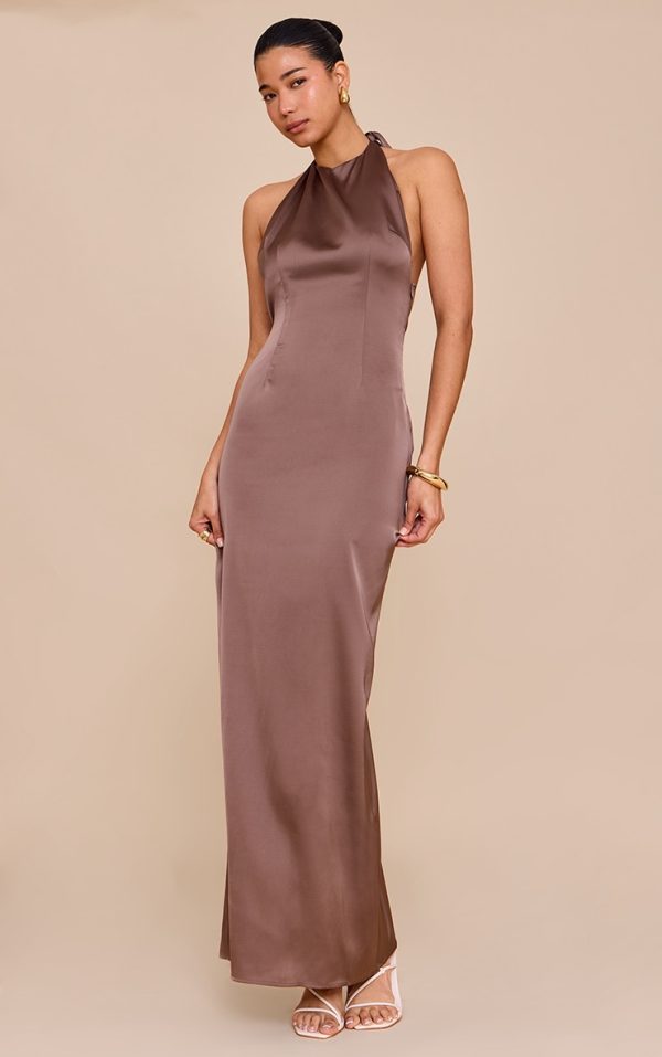Mushroom Satin Halter Flared Maxi Dress
