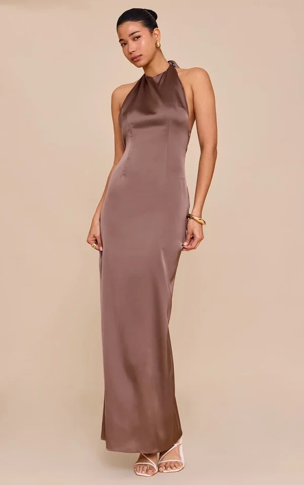 Mushroom Satin Halter Flared Maxi Dress
