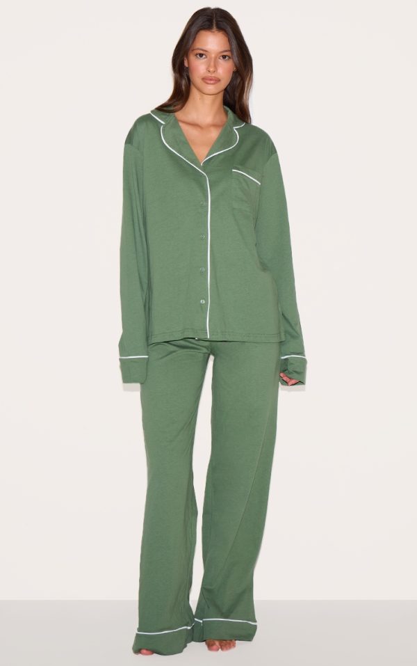 Khaki Jersey Piping Detail Long PJ Set