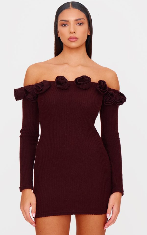 Chocolate Brushed Rib Corsage Detail Bardot Bodycon Dress