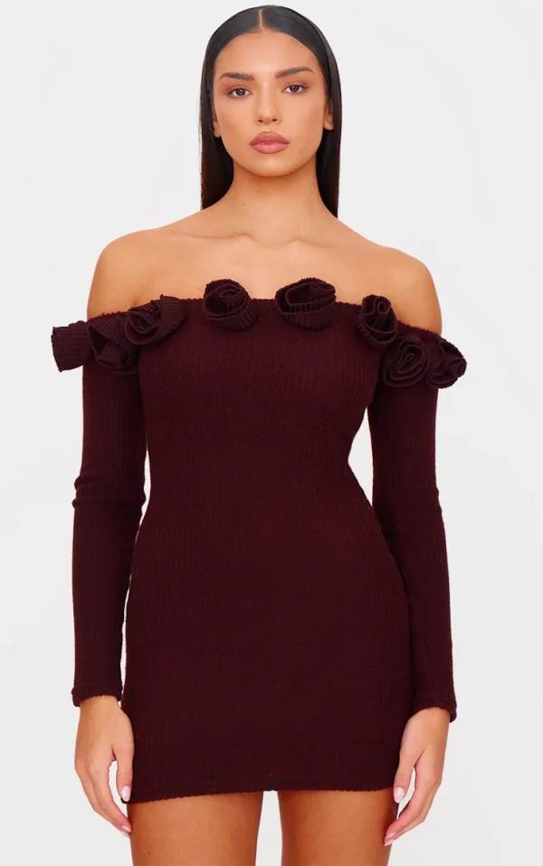 Chocolate Brushed Rib Corsage Detail Bardot Bodycon Dress
