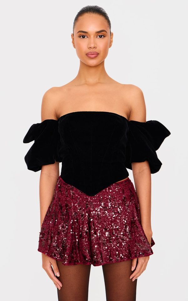 Black Velvet Square Neck Puff Sleeve Corset Top
