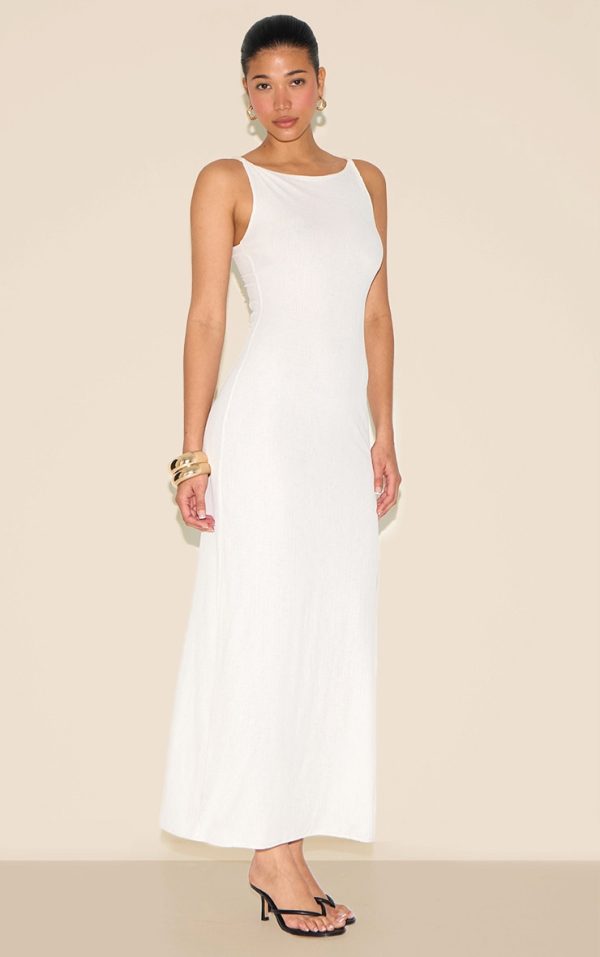 White Textured Twist Shoulders Maxi Dress