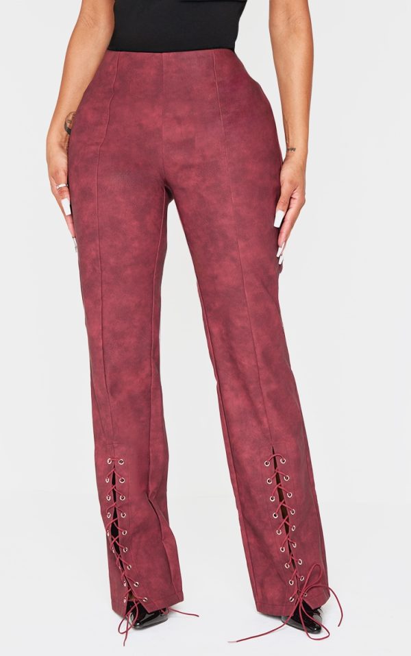 Shape Burgundy Faux Leather Lace Up Flare Pants
