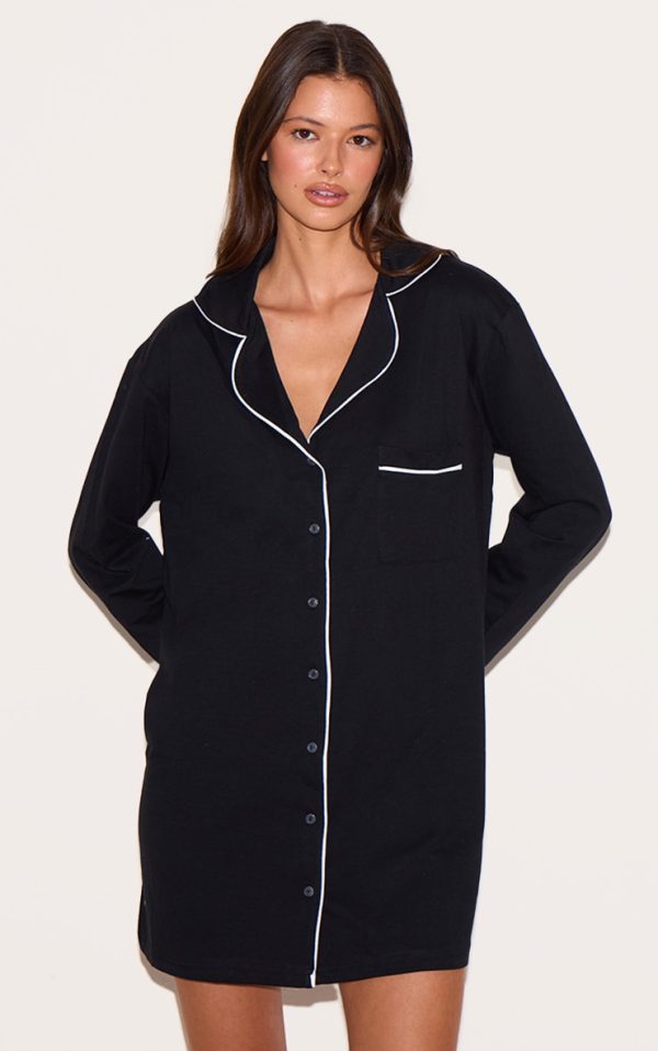 Black Jersey Piping Detail Long Sleeve Nightdress