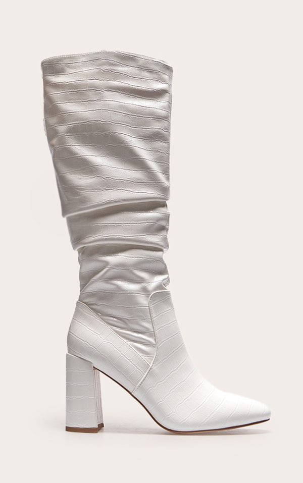 White Pu Croc Round Toe Ruched Knee High Block Heeled Boots