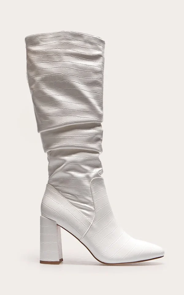 White Pu Croc Round Toe Ruched Knee High Block Heeled Boots