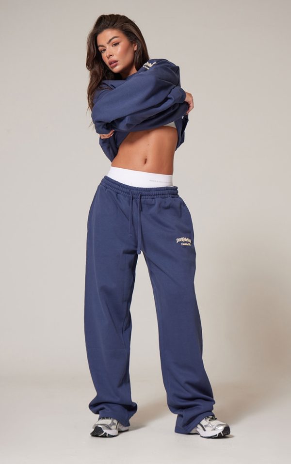 PRETTYLITTLETHING Navy Premium Print Straight Leg Sweatpants