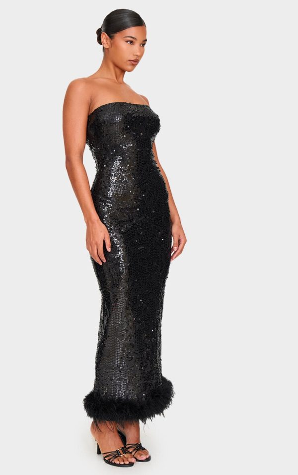 Black Sequin Faux Feather Maxi Dress