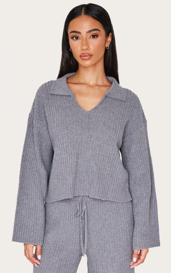 Petite Charcoal Knitted Open Collar Sweater