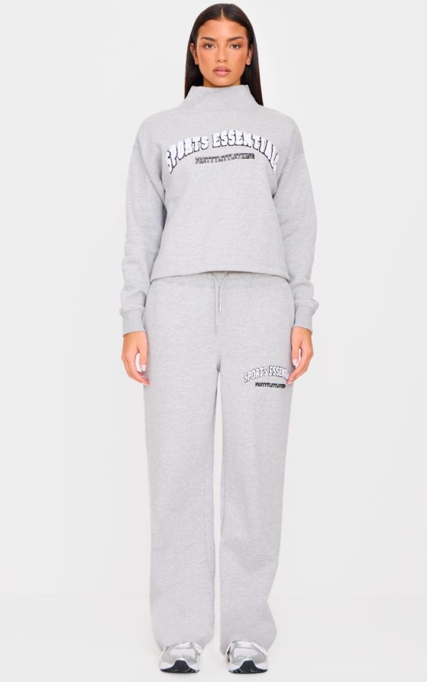PRETTYLITTLETHING Grey Marl Borg Sports Essentials Wide Leg Sweatpants