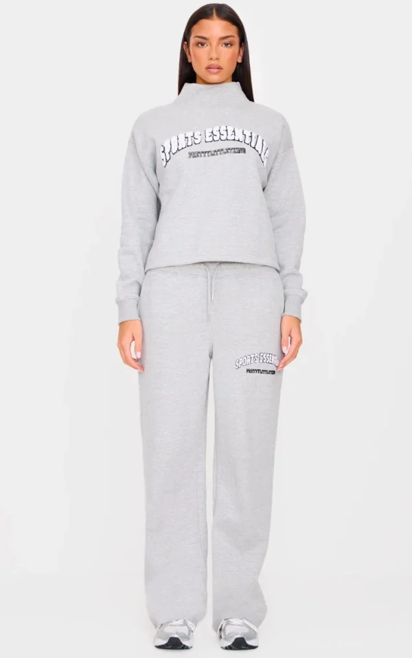 PRETTYLITTLETHING Grey Marl Borg Sports Essentials Wide Leg Sweatpants