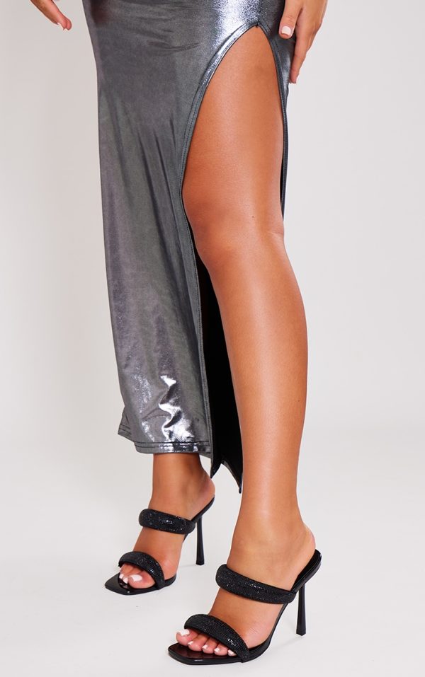 Black Pu Square Toe Diamante Padded Strap Heeled Mules