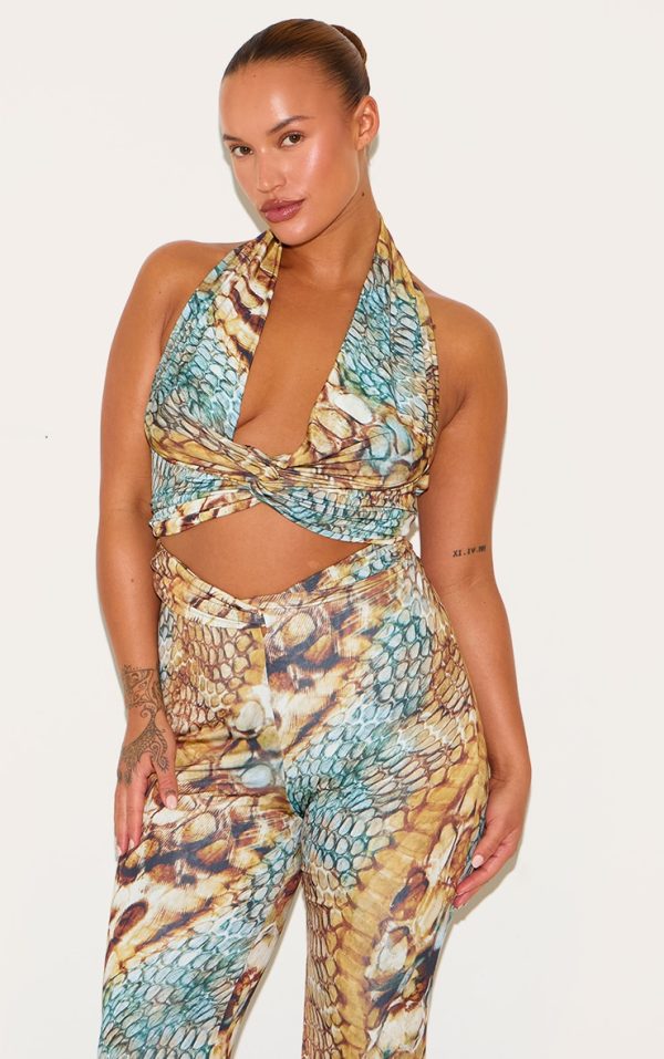 Plus Multi Abstract Snake Print Double Layer Slinky Twist Crop Top