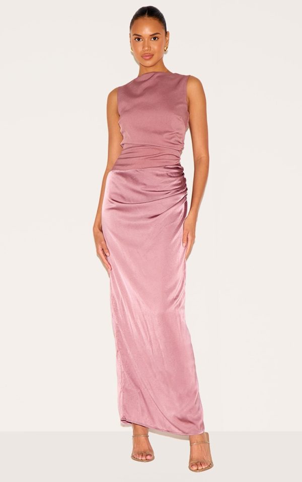Dusty Pink Woven High Neck Ruched Drape Midaxi Dress
