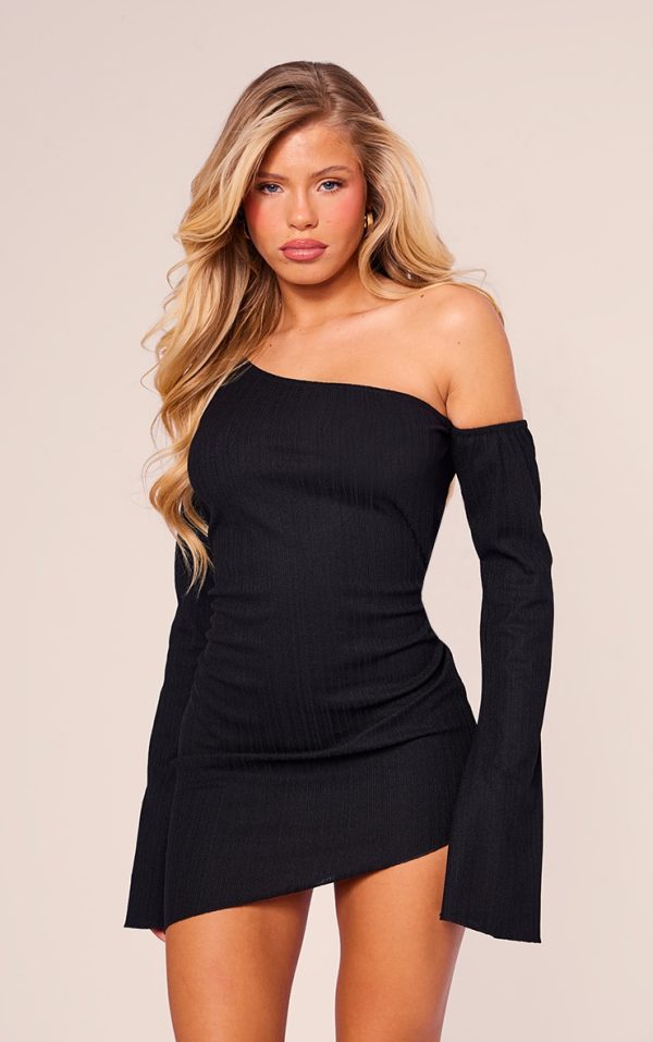 Black Textured Asymmetric One Sleeve Mini Dress