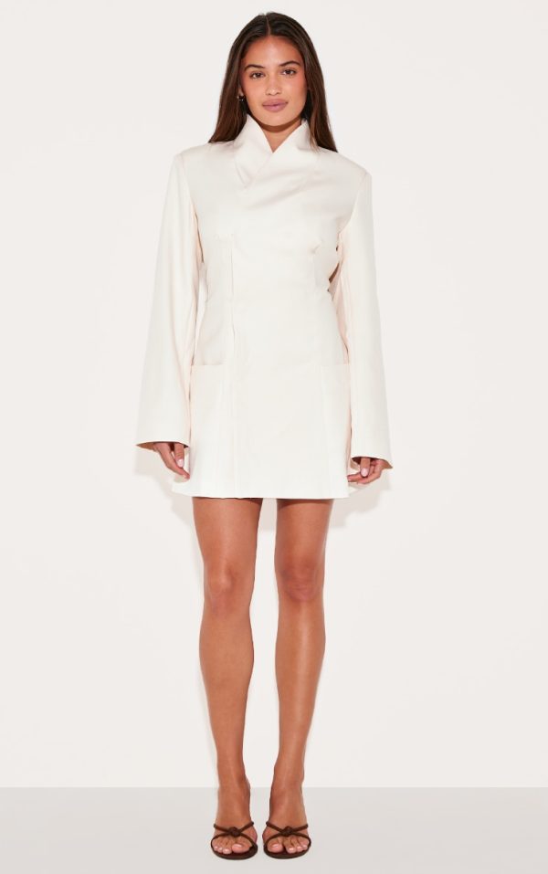 Cream Woven Collarless Blazer Dress
