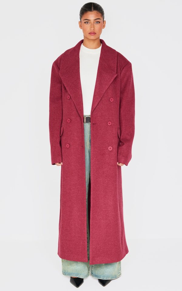 Burgundy Wool Look Double Breasted Oversized Maxi Coat