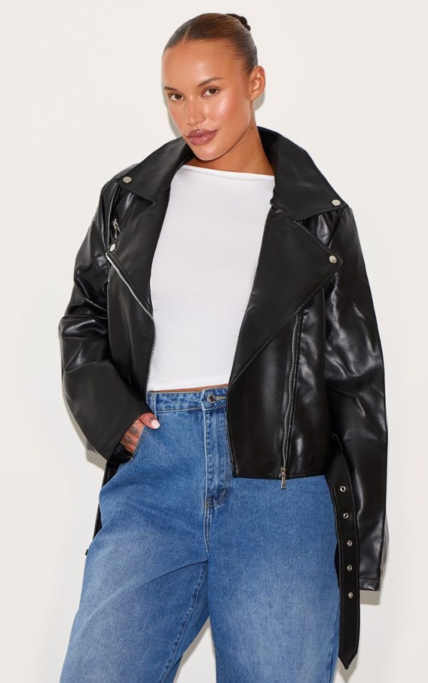 Plus Black Faux Leather Zip Detail Biker Jacket