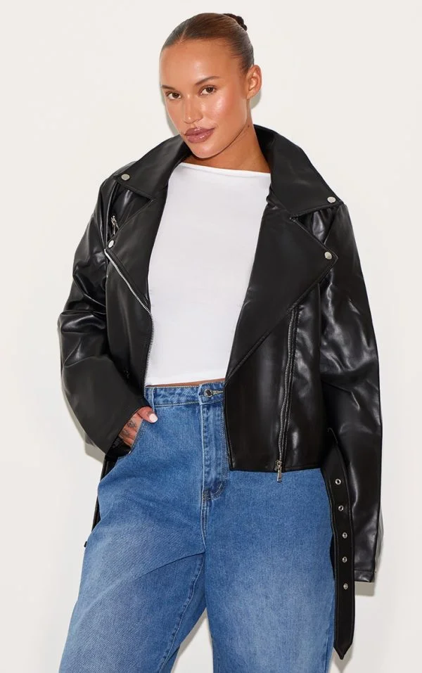 Plus Black Faux Leather Zip Detail Biker Jacket