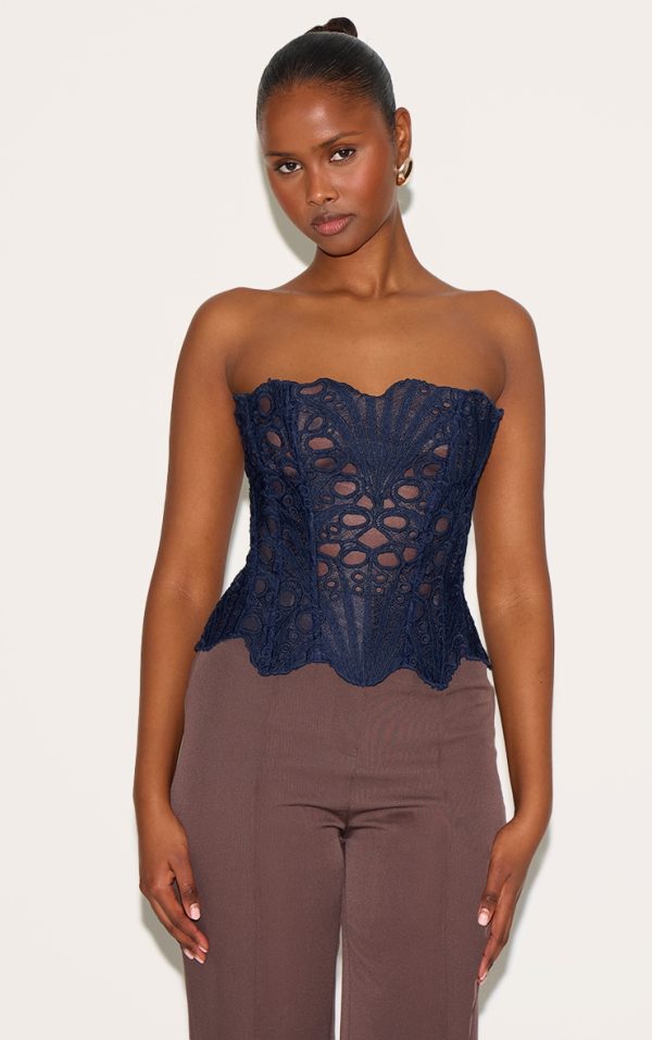 Navy Textured Sheer Floral Lace Corset