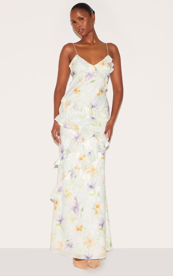Multi Floral Embroidered Frill Maxi Dress