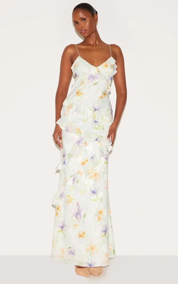 Multi Floral Embroidered Frill Maxi Dress