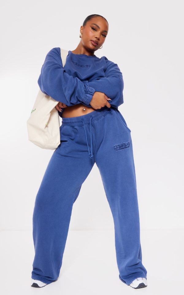 PRETTYLITTLETHING Plus Washed Blue Embroidered Sweatpants