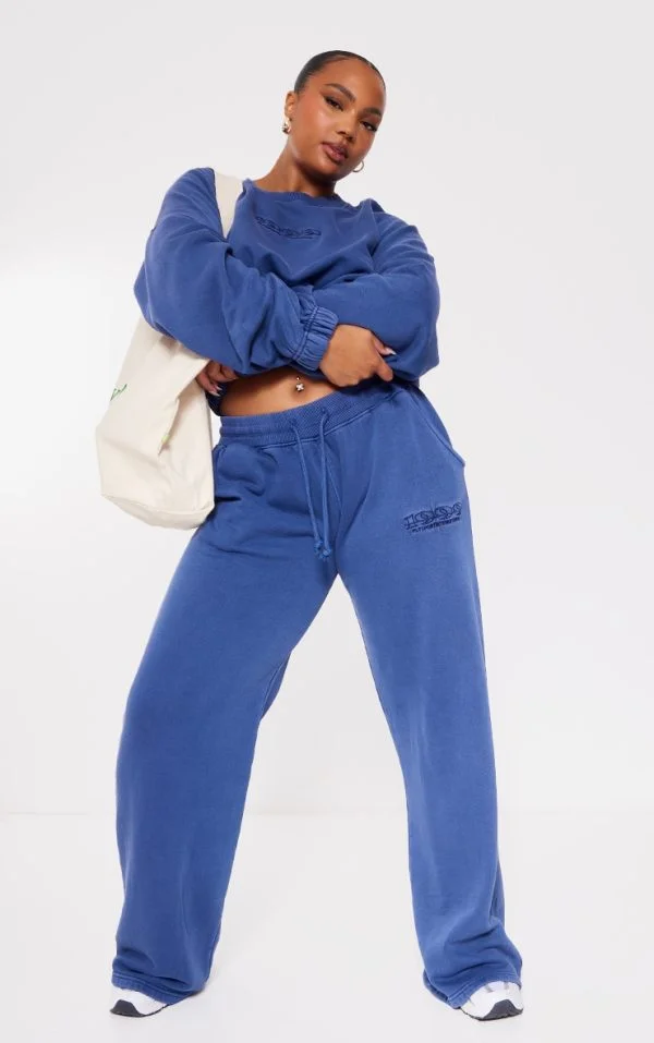 PRETTYLITTLETHING Plus Washed Blue Embroidered Sweatpants