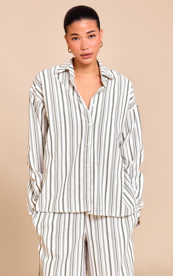 Khaki Striped Oversized Long Sleeve Shirt
