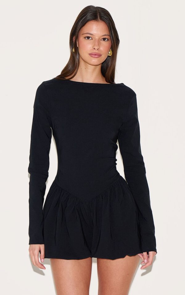 Black Stretch Woven High Neck Puffball Skort Romper