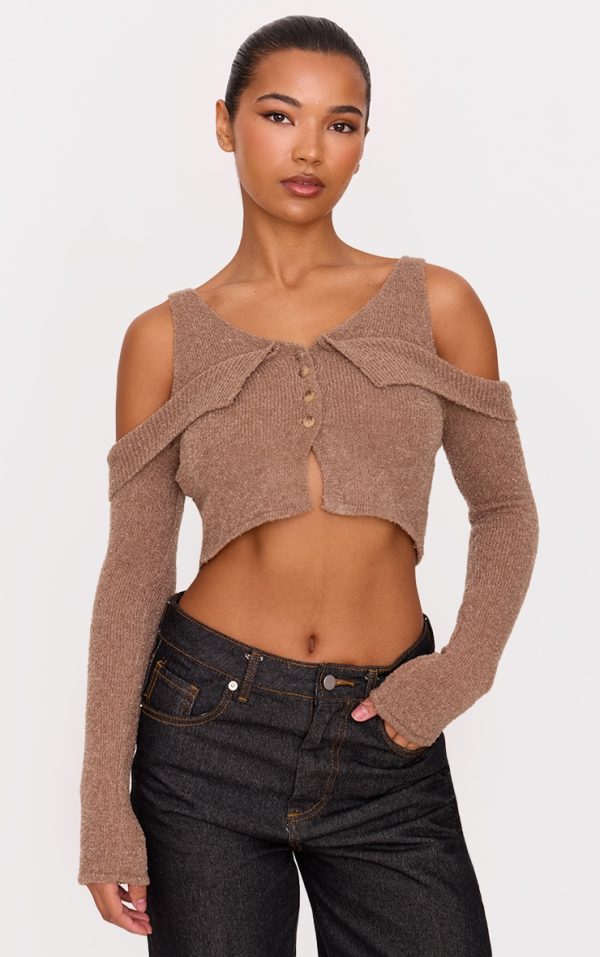 Taupe Boucle Knit Cold Shoulder Button Up Top