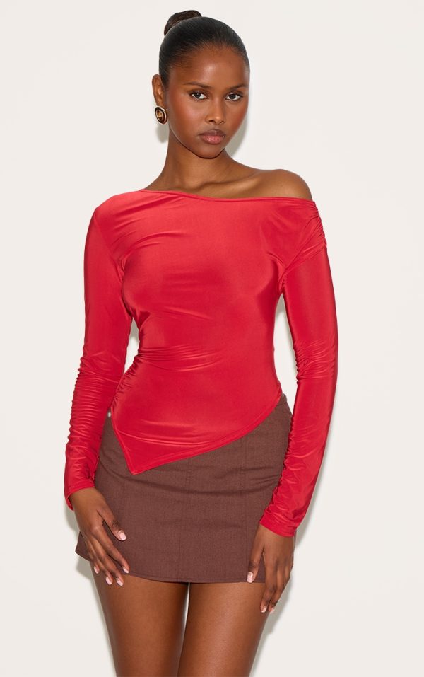 Red Soft Touch Asymmetric Ruched Long Sleeve Top