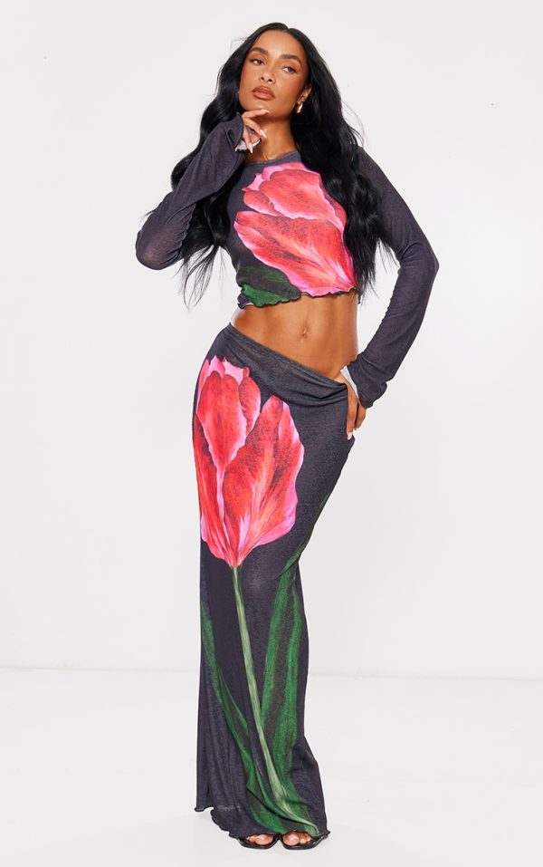 Black Floral Print Maxi Skirt