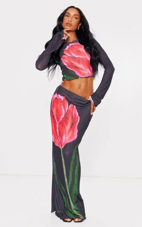 Black Floral Print Maxi Skirt
