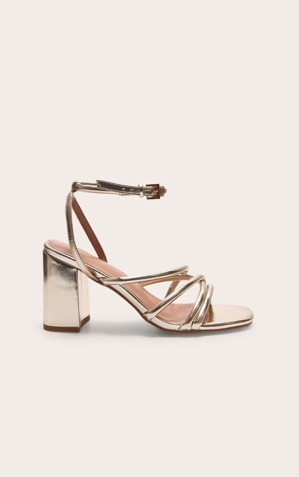 Gold Metallic Pu Round Toe Multi Strap Block Heeled Sandals